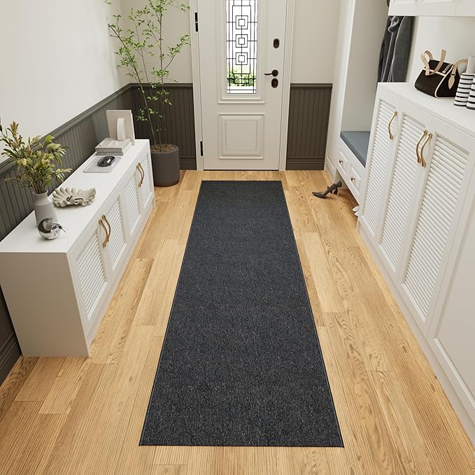 Ottomanson 2'7" x 30' Ultra-Thin Hallway Runner Rug - Durable Non-Slip Carpet for High-Traffic Areas - Fits Under Doors for Seamless Entry - Ideal for Kitchen, Entryway, Bedroom & Living Room, Black