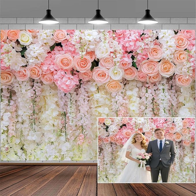 10x8ft Pink Rose Flower Wedding Photography Backdrop Spring Floral Photography Backdrop Valentine's Day Mother's Day Girl Birthday Baby Shower Wedding Bridal Party Banner Photo Booth Props Background