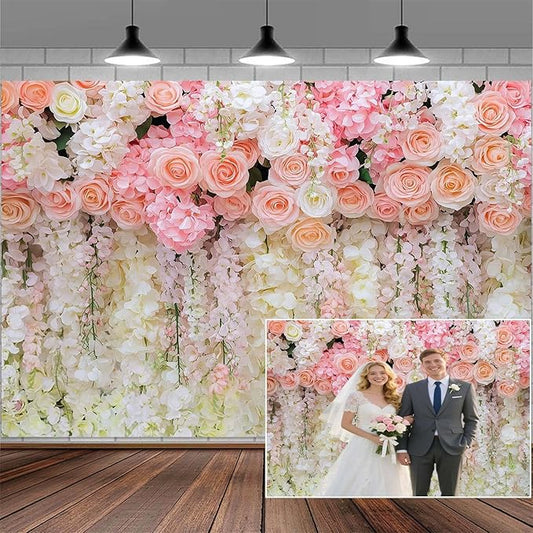 8x6ft Pink Rose Flower Wedding Photography Backdrop Spring Floral Photography Backdrop Valentine's Day Mother's Day Girl Birthday Baby Shower Wedding Bridal Party Banner Photo Booth Props Background