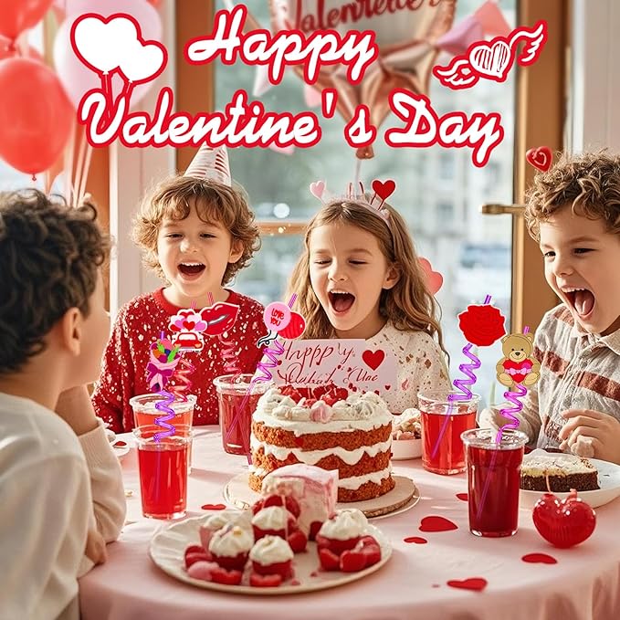 24 Valentines Reusable Party Drinking Straws Birthday Party Supplies Decorations with 2 PCS Cleaning Brushes (Valentines Rose)