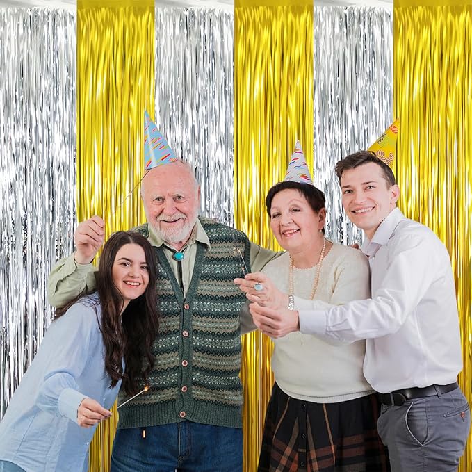GOER 3.2 ft x 8.2 ft Metallic Tinsel Foil Fringe Curtains Party Backdrop Party Streamers for Birthday,Graduation,New Year Eve Decorations Wedding Decor (4 Pcs,Gold&Silver)