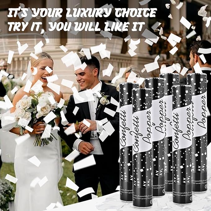 Confetti Poppers 12 Pack - White Confetti Cannons for Wedding, Birthday, Graduation, Baby Shower, Anniversary, Christmas & New Year's