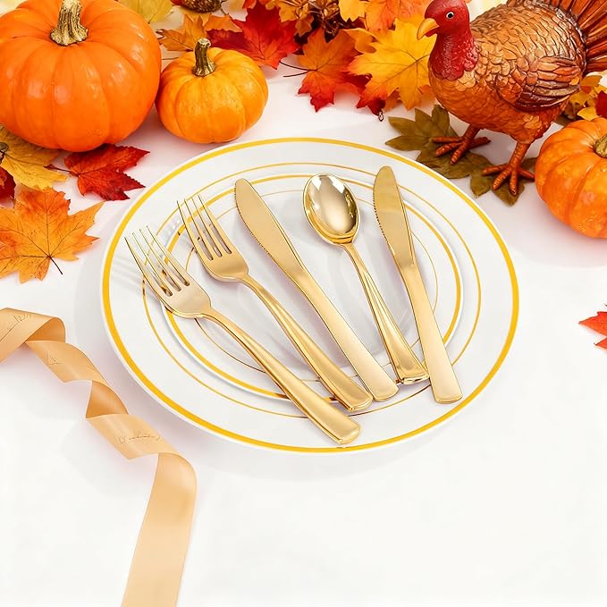 WDF 160 Piece Gold Plastic Silverware - Heavy Duty Gold Silverware Includes 80 Forks, 40 Spoons, 40 Knives, Plastic Utensils Perfect for Wedding, Thanksgiving Party