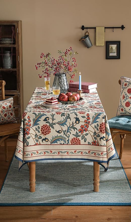 patdrea Designer Vintage Linen Tablecloth for Rectangle Table,French Soft Durable Floral Tablecloths,Colorful Table Cover for Kitchen Dining,Parties,Christmas,Thanksgiving,Party,55"x71"-Puno