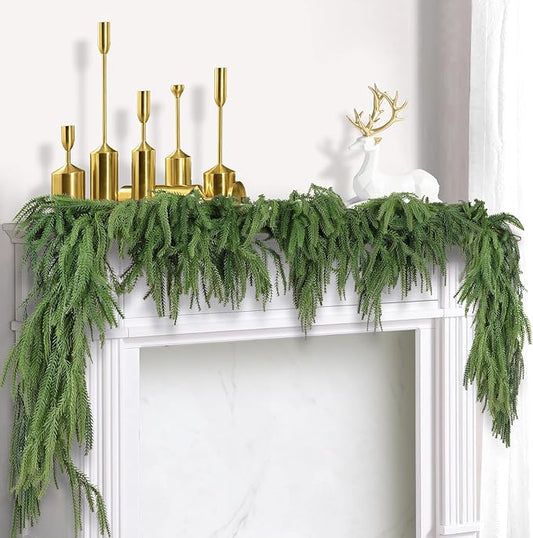 2 Pack Christmas Norfolk Pine Garlands 6FT, Real Touch Artificial Greenery Garland – Full Evergreen Pine Garland for Mantle, Fireplace, Table, Wall, Stairs & Outdoor Holiday Décor