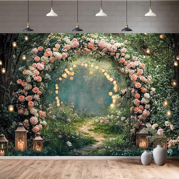 6x6ft Enchanted Forest Wedding Photography Backdrop Wonderland Roses Fairy Tale Backdrop Pink Flower Birthday Newborn Baby Shower Wedding Bridal Party Banner Photo Booth Props Anniversary Background