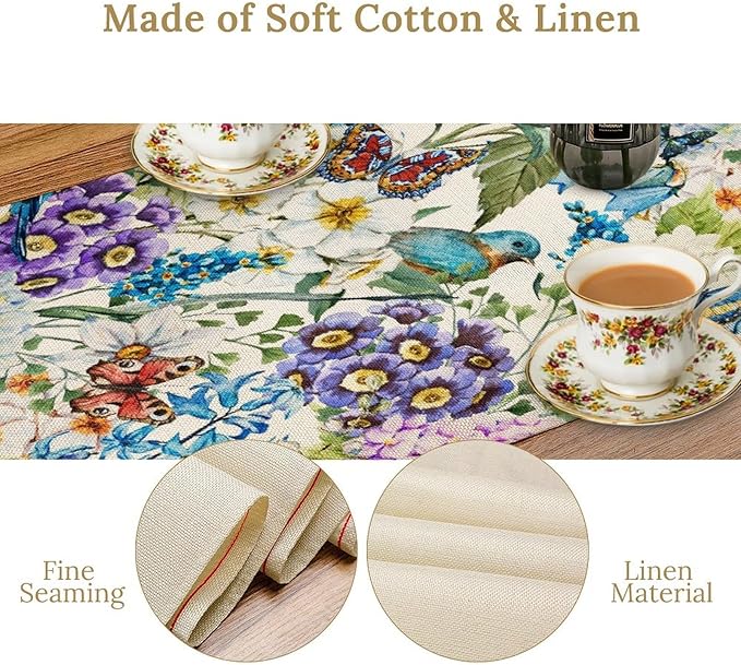Brown Bird Floral Table Runner Spring Flower Kitchen Table Decoration Suitable for Family Dinner Decoration 13x90 Inch