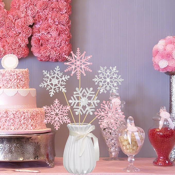 Snowflake Centerpiece Sticks Winter Frozen Theme Party Decorations 12PCS Glitter Snowflakes Table Toppers Ice Snowflake Centerpieces for Christmas Holiday Birthday Party Baby Shower Supplies
