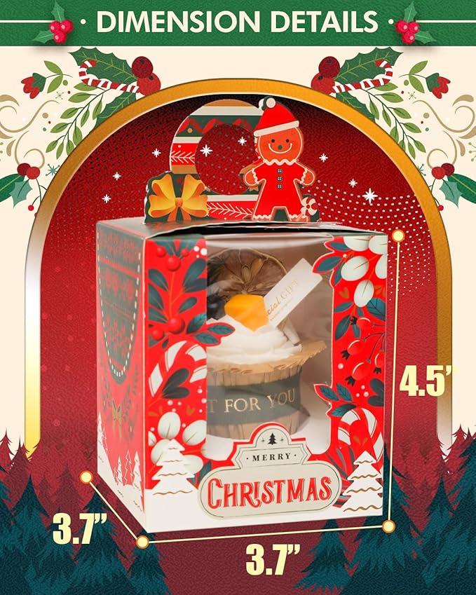 qiqee Christmas Individual Cupcake Boxes 50pcs Individual Cupcake Boxes with Window 3.7" 3.7"*4.5" Cupcake Box for Christmas