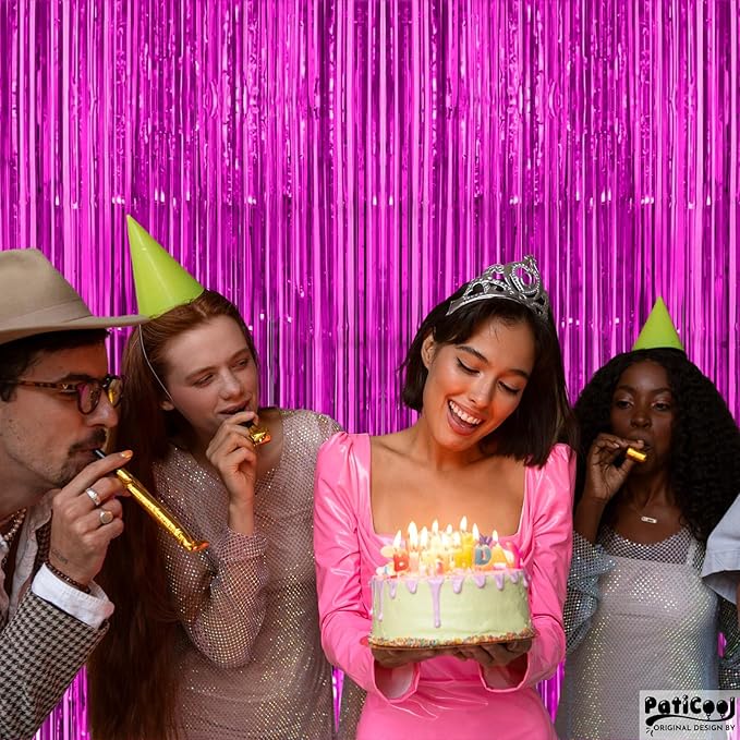 Hot Pink Streamers - Thicken 4 Pack 3.2x8.2 FT - Hot Pink Tinsel Foil Fringe Backdrop Curtains for Birthday, Bachelorette, Graduation, Summer Hawaiian Party Decorations