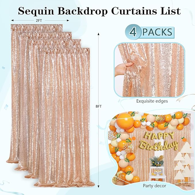 Rose Gold Sequin Backdrop Curtains Panels 4 Pieces 2FTx8FT Wedding Backdrop for Bridal Shower Brithday Party Decor