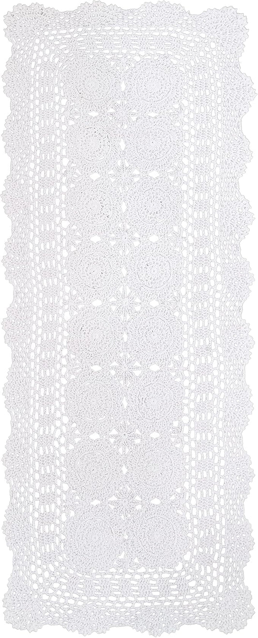 Phantomon Lace Table Runner Rectangular Table Cover Cloth Handmade Crochet Floral Placemats 100% Cotton (Floral White, 15x39Inch)
