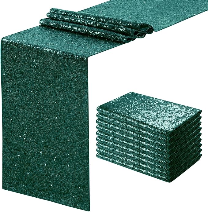 Sequin Table Runners 10 Pieces Emerald Green Table Runners 12x72 Inch Glitter Dining Table Cover for Party Wedding Birthday Reception Banquet Decoration Spring Party Chair Sashes