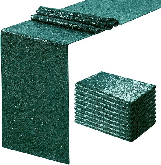 Sequin Table Runners 10 Pieces Emerald Green Table Runners 12x72 Inch Glitter Dining Table Cover for Party Wedding Birthday Reception Banquet Decoration Spring Party Chair Sashes