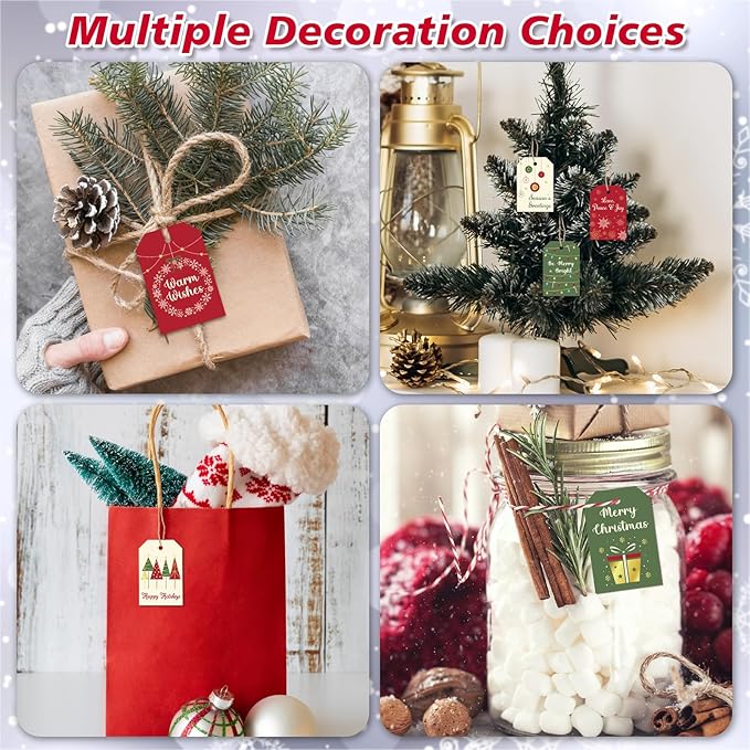 Christmas Gift Tags with String, 48 Pcs Christmas Hanging Tags Label Gold Foil Xmas Present Tag for DIY Xmas Holiday Present Wrapping Decorations, 6 Styles
