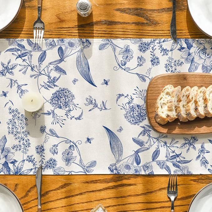 Artoid Mode Monochrome Sketch Birds and Flowers Spring Table Runner, Seasonal Summer Fall Kitchen Dining Table Decoration for Home Party Decor 13x36 Inch