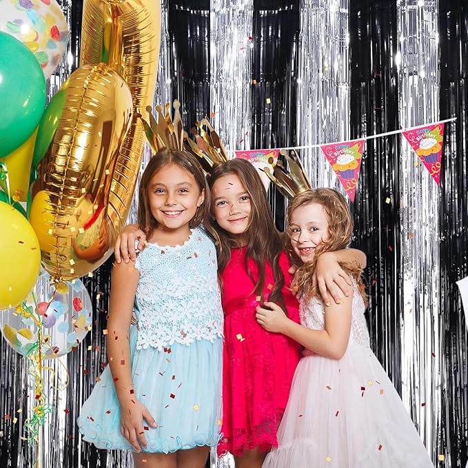 Black Silver Metallic Tinsel Foil Fringe Curtains, 4 Pack 3.3x8.3 Feet Party Streamer for Birthday Party Decorations, Halloween Decor, Foil Curtain for Bachelorette Party