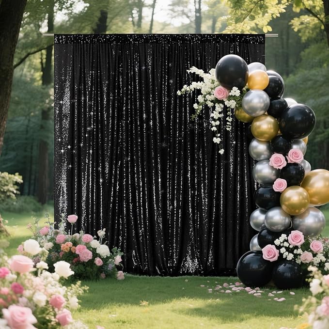 SquarePie Sequin Backdrop 10FT x 10FT Black Curtain Background for Halloween Wedding Party Decoration