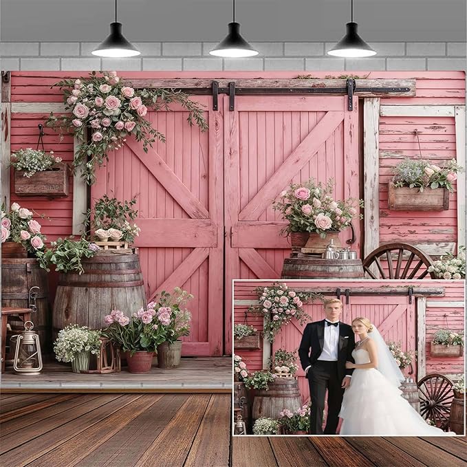 8x6ft Country Wedding Pink Photography Backdrop Rustic Wooden Barn Door Photography Backdrop Farmhouse Flower Western Girl Birthday Baby Shower Wedding Bridal Party Banner Photo Booth Props Background
