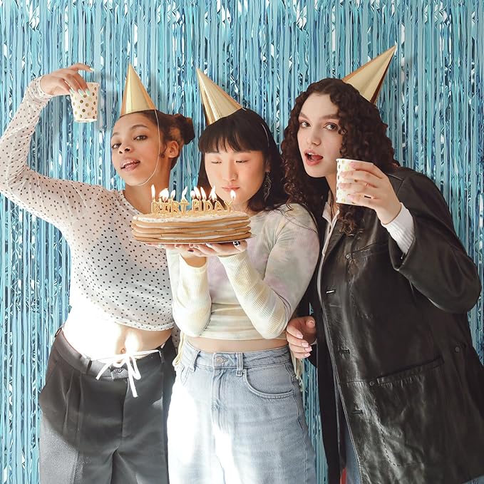 5 Pack Blue Fringe Backdrop 3.2ft x 8.2ft Foil Curtain Tinsel Foil Fringe Curtains Photo Booth Props for Mermaid Birthday Under The Sea Party Decorations Teal Blue Tinsel Backdrop Streamers (Blue)