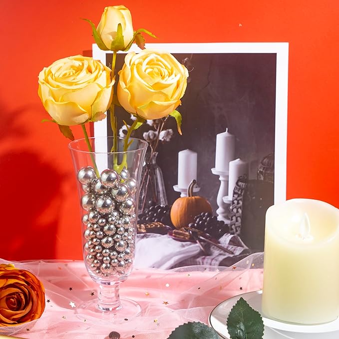 150Pcs Bright Silver Polished No Hole Faux Pearl Beads for Vase Filling Decorations, Plastic Pearls Vase Fillers, Table Scatters, Wedding Centerpiece, Home Decor, 8/14/20 mm