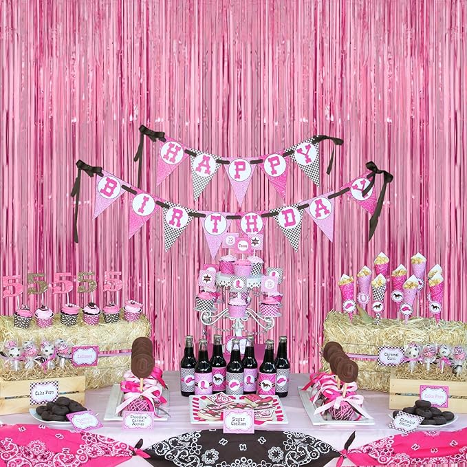 Pink Streamers - Thicken 4 Pack 3.2 x 8.2 FT - Pink Tinsel Foil Fringe Curtains, Photo Booth Props Backdrops for Birthday, Bachelorette, Graduation, Baby Shower Party Decorations