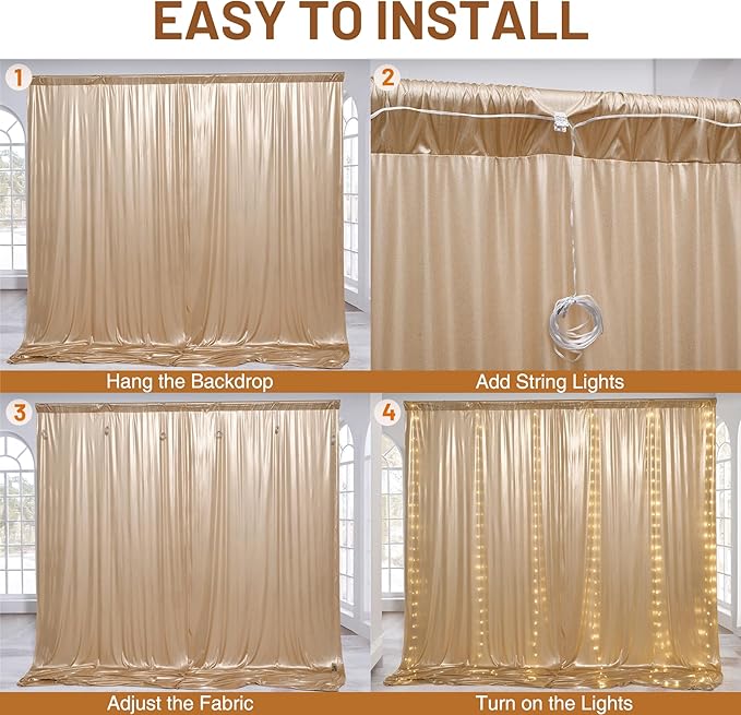 PartyVillage 10x10FT Champagne Gold Sequin Backdrop Curtain with String Lights – 2 Panels 5x10FT Sparkly Wrinkle-Free Glitter Backdrop Drapes for Wedding, Birthday, Photography, Graduation Party Décor