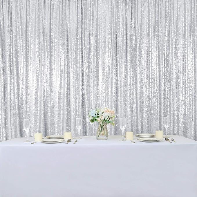 Hahuho Silver Sequin Backdrop Curtain, 4PCS 2FTx8FT Glitter Backdrop Curtain for Parties, Christmas, Wedding, Party Decoration（4 Panels, 2FT x 8FT, Silver