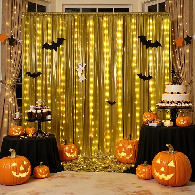 PartyVillage 30x10FT Gold Sequin Backdrop Curtain with String Lights – 6 Panels 5x10FT Sparkly Wrinkle-Free Glitter Backdrop Drapes for Birthday, Wedding, Photography, Graduation Party Décor