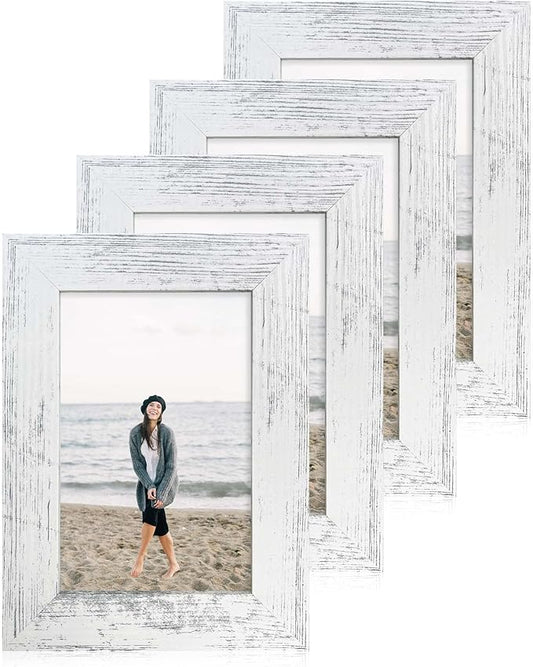 4x6 Picture Frame Set of 4, High Definition Glass Distressed White Frame, 4 x 6 Wood Photo Frames for Tabletop Display and Wall Mounting