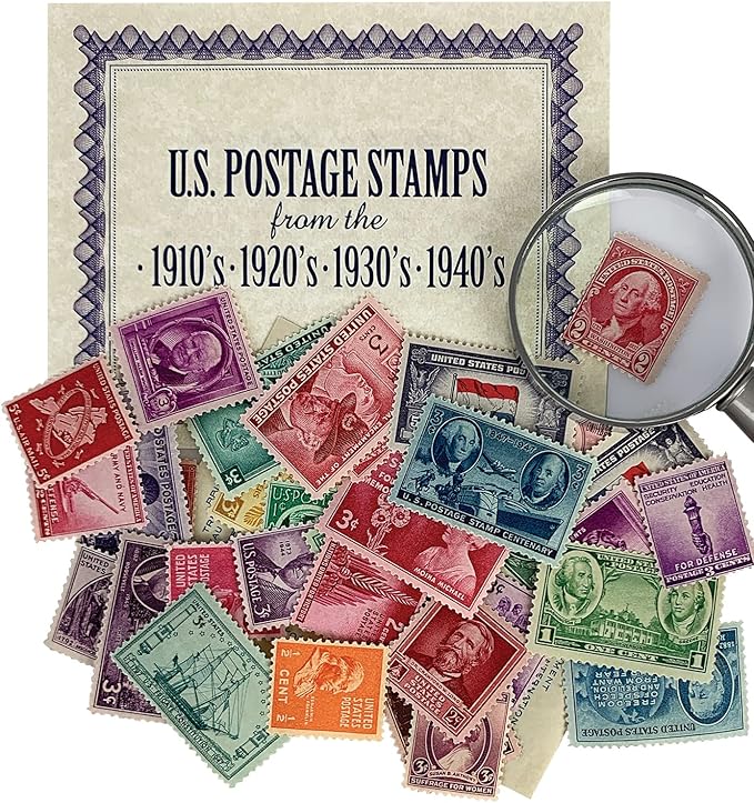 American Coin Treasures 40 U.S. Postage Stamps from The 1910's, 1920's, 1930's and 1940's, Mint State Condition, Various Denominations and Postal Rates, Perforated Edges