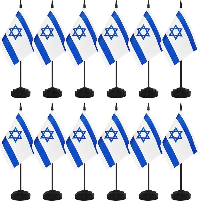 12 Pack Israel Desk Flags, Israeli Desktop Flag, Small Miniature Office Flags with 12" Black Pole and Black Base, Offices, Classroom, Home, Festival Decoration (Israel)