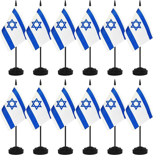 12 Pack Israel Desk Flags, Israeli Desktop Flag, Small Miniature Office Flags with 12" Black Pole and Black Base, Offices, Classroom, Home, Festival Decoration (Israel)