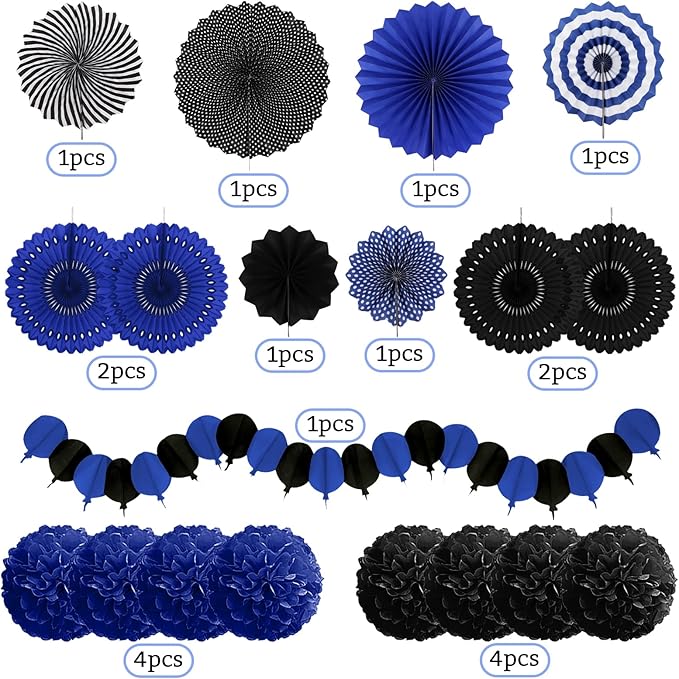 Party Decorations, Black Navy Blue Papar Fans Pompoms Garlands for Men Boy Fathers Day Graduation Wedding Birthday Party Decoration
