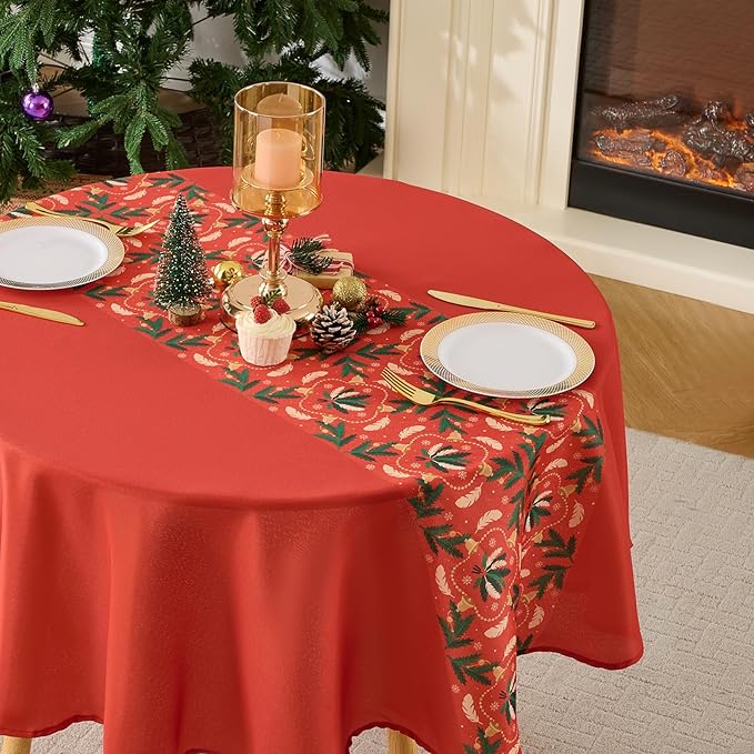 Christmas Tablecloth Round 60 Inch Waterproof, Machine Washable Checkered Polyester Table Cover for Xmas Party, Winter Holiday Home Decoration in Festive Red 1pack