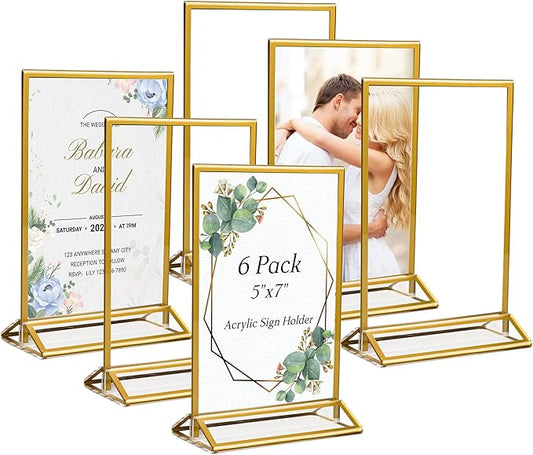 6 Pack Acrylic Sign Holder 5x7" Photo Frames, Double-sided Clear Menu Holder Gold Picture Frames for Wedding Table Numbers, Table Top Display Sign Stand Plastic Flyer Holder Vertical Paper Holder