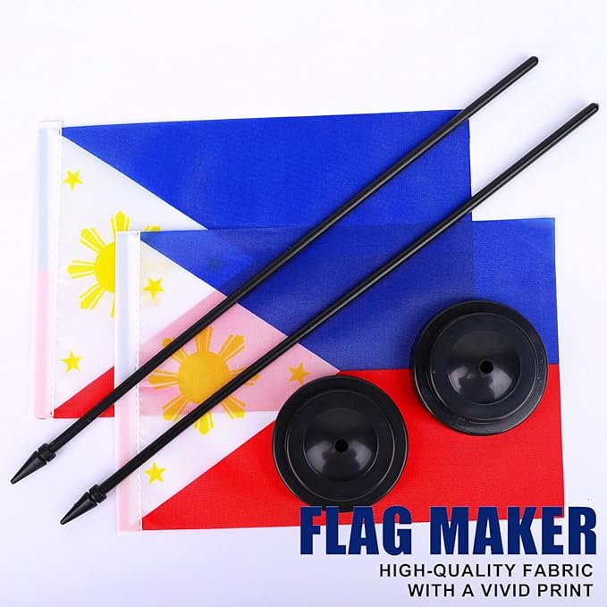 Philippines Desk Flag 12" Solid Pole Deluxe Set Filipino Flags Banner Mini Small Philippines Office Table Flags with Black Stand Base Desktop Decorations(2Pack)