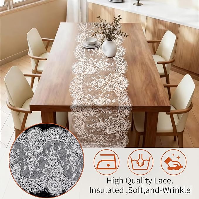HAIBAS 6 Pcs White Lace Table Runners 14 x 120 Inch Boho Rose Embroidered Floral Vintage Rustic Table Decoration for Wedding Party Bridal Shower Decorations