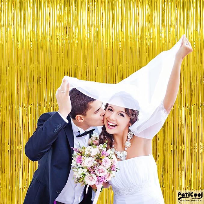 Christmas Decorations Gold Streamers Thicken 4 Pack 3.2 x 8.2 FT - Golden Tinsel Foil Fringe Backdrop Curtains Party Backdrop for Birthday, Prom, Hollywood, Anniversary Party Decorations