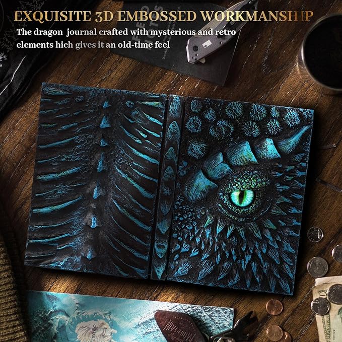 molshine A5 (7.3" x 5.1") 3D Dragon Embossed Journal,Resin Engraving Notebook,Retro Diary,100 Sheets Blank Paper,Hardcover Travel Notepad for Writing,Sketchbook,Collection,Gift,Decoration (Blue)