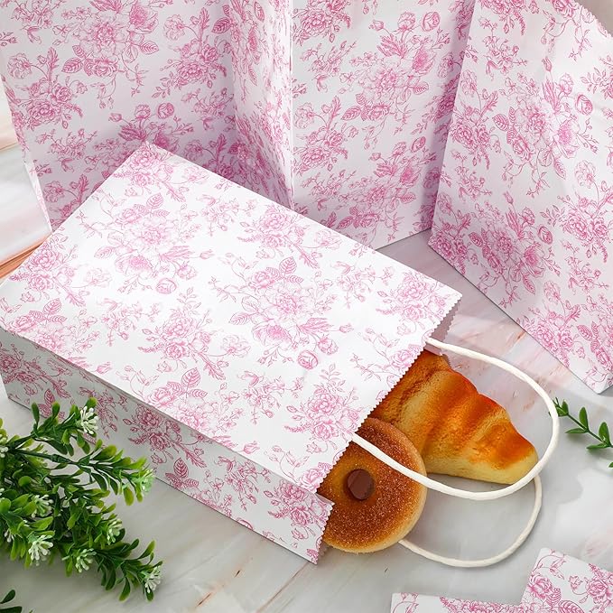 JarThenaAMCS 52Pcs Pink Floral Paper Gift Bag Vintage Wildflower Treat Bags with Handles Chinoiserie Candy Goodie Bags for Spring Summer Birthday Wedding Bridal Shower Party Favors Supplies