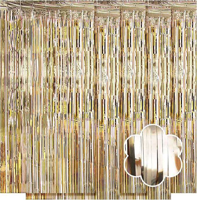 5 Pack Champagne Gold Foil Curtain Backdrop 3.2ft x 9.8ft Metallic Tinsel Foil Fringe Curtains Streamer Photo Booth Backdrop for Birthday Party Engagement Bachelorette Party Decorations