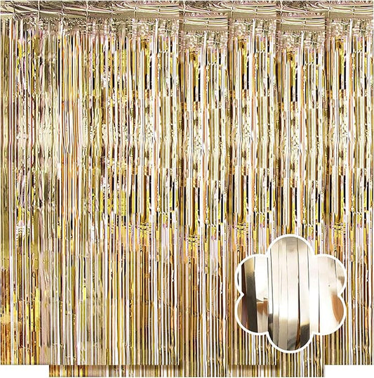5 Pack Champagne Gold Foil Curtain Backdrop 3.2ft x 9.8ft Metallic Tinsel Foil Fringe Curtains Streamer Photo Booth Backdrop for Birthday Party Engagement Bachelorette Party Decorations