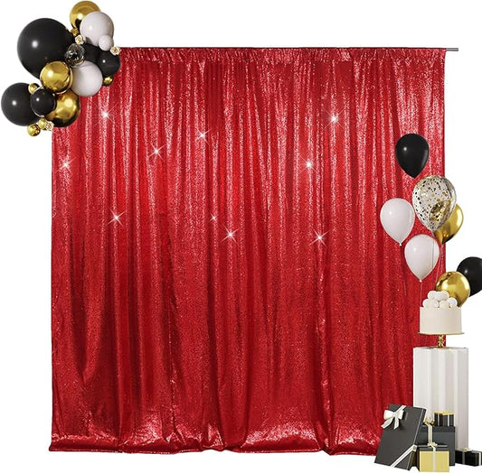 SquarePie Sequin Backdrop Curtain Less See Through Background for Wedding Christmas Party(8FT x 8FT, Red)