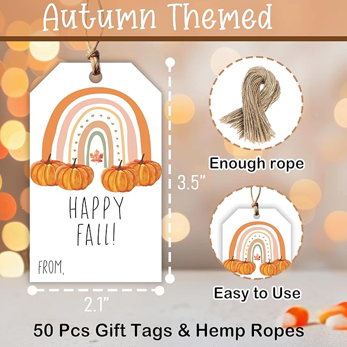50 Pcs Fall Gift Tags, 2.1"×3.5" Autumn Bohemian Rainbow Thank You Gift Tags for Party Favors, Pumpkin Thanksgiving Gifts Tags for Party Favor - B11