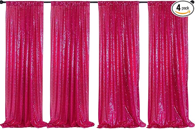 Poise3EHome Hot Pink Sequin Backdrop Curtains,4 Panels 2FTx8FT Glitter Background for Party Birthday Party Baby Shower Wedding Christmas Thanksgiving Halloween Holiday Festival Decor