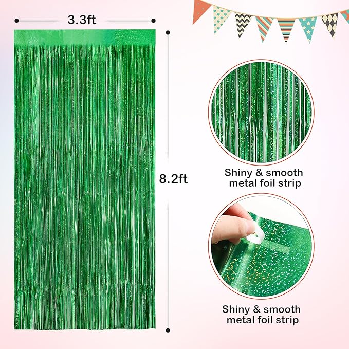 Green Metallic Tinsel Foil Fringe Curtains, 2 Pack 3.3x8.3 Feet Party Streamer for Birthday Party Decorations, Halloween Decor, Foil Curtain Backdrop for Bachelorette Party