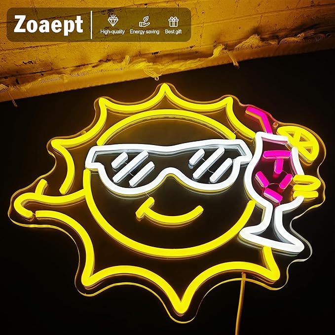 Bar Neon Sign for Wall Decor, Funny Neon Sign for Beach Bar Pub Sandbeach Beverage Shop, Sun Sunglasses Drinks Led Sign with Dimmer, Summer Decoration USB Powered with Switch
