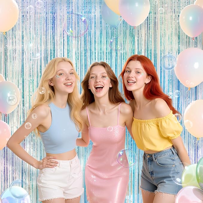 2 Pack Iridescence Party Streamers Backdrop Curtains, 3.3x8.2ft Holographic Tinsel Foil Curtain Photo Booth Props for Birthday, Wedding, Holiday Celebration, Bachelorette, Theme Decorations