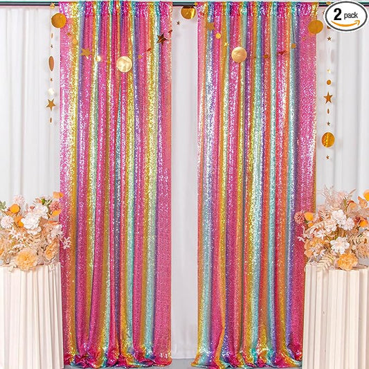 ShiDianYi Rainbow Backdrop Curtains 4FTX10FT Sequin Backdrops 2 Panels Colorful Backdrop for Parties, Birthday, Baby Shower, Studio, Photo Background